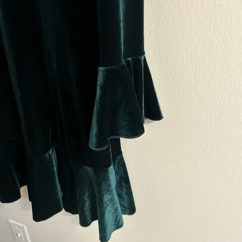 See and Be Seen Green Velvet Dress Small Long Sleeve Flounce Hem - Picture 5 of 7